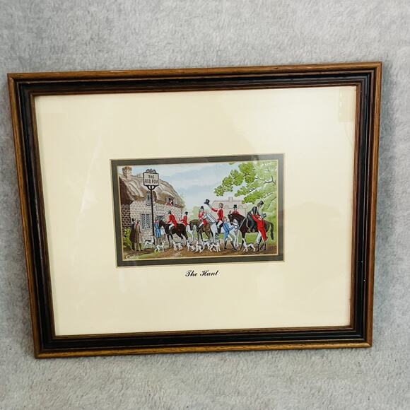 J & J Cash Woven Silk "The Hunt" Double Matted Framed Made in England